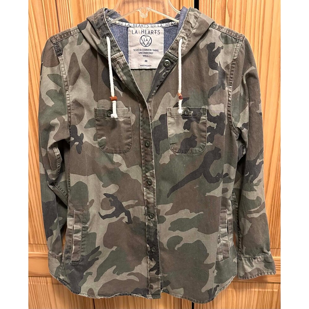 Womens Sz Medium LA HEARTS Long Sleeve Camo Jacket Hoodie Green Pre-Owned